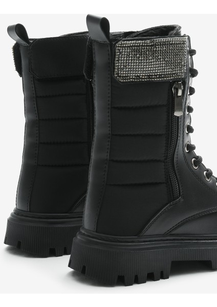 Kız Çocuk Siyah Cilt Termo Taban Taş Detaylı Fermuarlı ve Bağcıklı Cırtlı Bot indirimleri