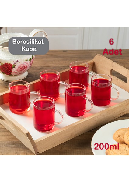 Borosilikat Isıya Dayanıklı Cam 6'Lı Kulplu Çay Kahve Kupa Bardak Takımı 200 Ml