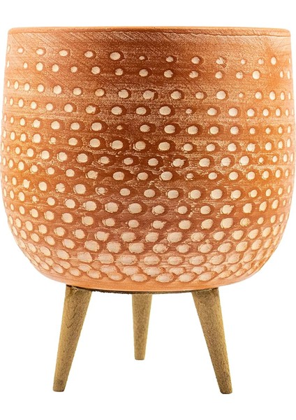 Beyaz Nokta Desenli Toprak Saksı 3 Ayaklı - 19 cm
