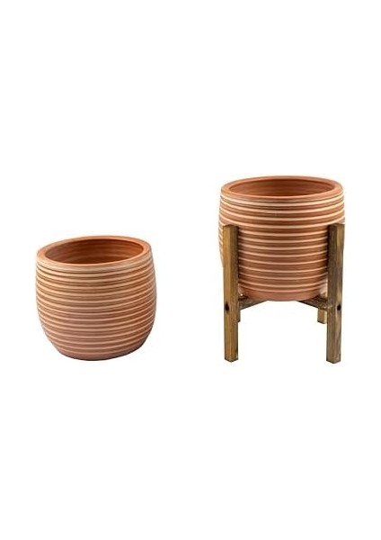 Yan Çizgi Desenli Terrakota Toprak Saksı 2'li Set Ayaksız - 4 Ayaklı - 15 cm