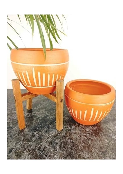 Dik Çizgi Desenli Terrakota Toprak Saksı 2'li Set Ayaksız - 4 Ayaklı - 15 cm