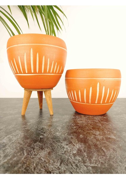 Dik Çizgi Desenli Terrakota Toprak Saksı 2'li Set Ayaksız - 3 Ayaklı - 15 cm