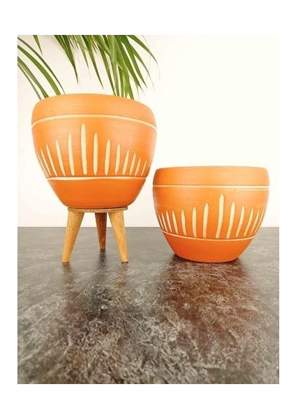 Dik Çizgi Desenli Terrakota Toprak Saksı 2'li Set Ayaksız - 3 Ayaklı - 15 cm