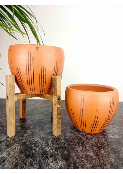 Siyah Çizgi Desenli Terrakota Toprak Saksı 2'li Set Ayaksız - 4 Ayaklı - 15 cm
