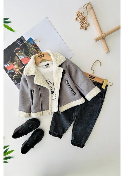 Süet Kürklü Erkek Çocuk 3 lü takım - Gri