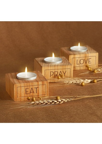 Eat | Pray | Love Motto Tasarımlı 3lü Ahşap Mum Seti