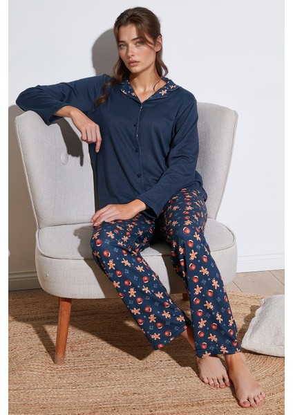 Desenli Regular Fit Apaş Yaka Beli Lastikli Bol Paça Pijama Takımı Bayan PİJAMA TAKIMI 65714300