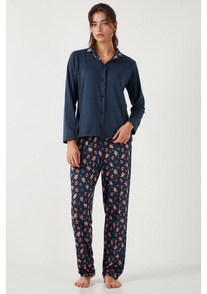Desenli Regular Fit Apaş Yaka Beli Lastikli Bol Paça Pijama Takımı Bayan PİJAMA TAKIMI 65714300