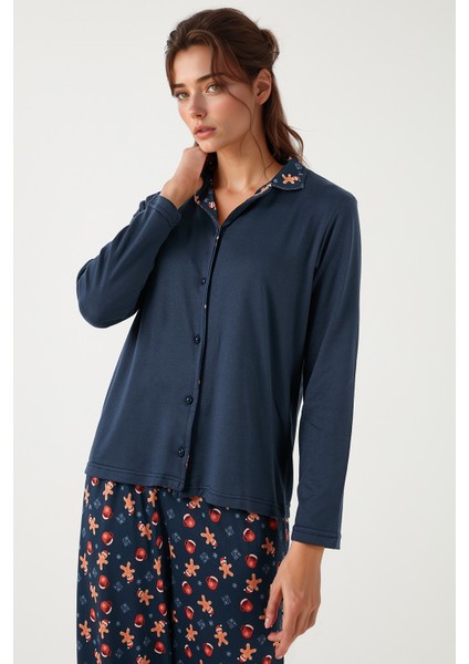 Desenli Regular Fit Apaş Yaka Beli Lastikli Bol Paça Pijama Takımı Bayan PİJAMA TAKIMI 65714300