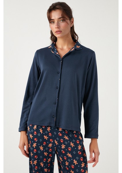 Desenli Regular Fit Apaş Yaka Beli Lastikli Bol Paça Pijama Takımı Bayan PİJAMA TAKIMI 65714300