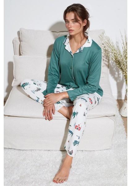 Desenli Regular Fit Apaş Yaka Beli Lastikli Bol Paça Pijama Takımı Bayan PİJAMA TAKIMI 65714300