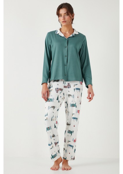 Desenli Regular Fit Apaş Yaka Beli Lastikli Bol Paça Pijama Takımı Bayan PİJAMA TAKIMI 65714300