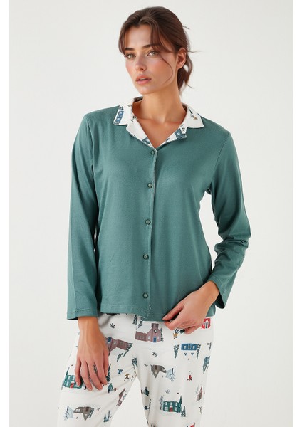 Desenli Regular Fit Apaş Yaka Beli Lastikli Bol Paça Pijama Takımı Bayan PİJAMA TAKIMI 65714300