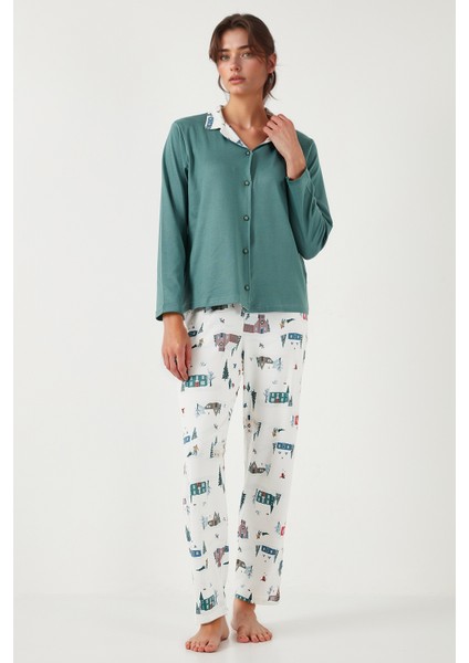 Desenli Regular Fit Apaş Yaka Beli Lastikli Bol Paça Pijama Takımı Bayan PİJAMA TAKIMI 65714300