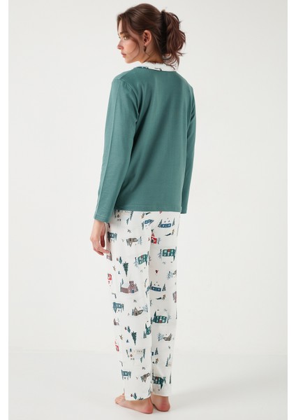 Desenli Regular Fit Apaş Yaka Beli Lastikli Bol Paça Pijama Takımı Bayan PİJAMA TAKIMI 65714300