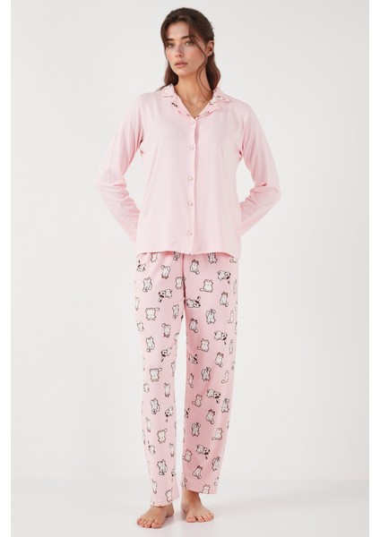 Desenli Regular Fit Apaş Yaka Beli Lastikli Bol Paça Pijama Takımı Bayan PİJAMA TAKIMI 65714300