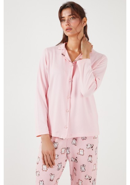 Desenli Regular Fit Apaş Yaka Beli Lastikli Bol Paça Pijama Takımı Bayan PİJAMA TAKIMI 65714300