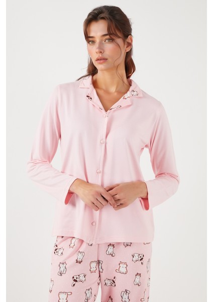 Desenli Regular Fit Apaş Yaka Beli Lastikli Bol Paça Pijama Takımı Bayan PİJAMA TAKIMI 65714300