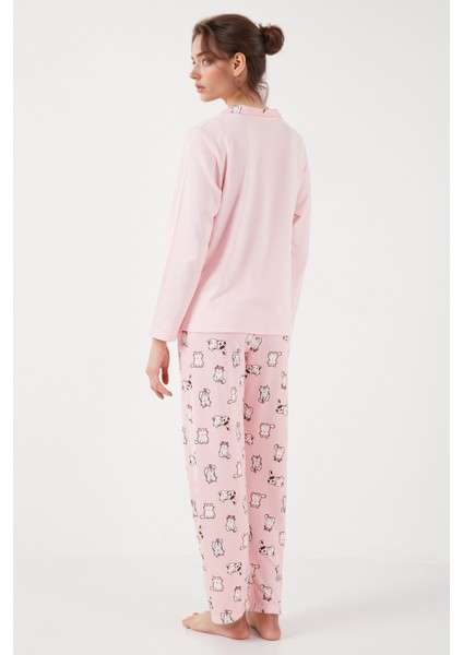Desenli Regular Fit Apaş Yaka Beli Lastikli Bol Paça Pijama Takımı Bayan PİJAMA TAKIMI 65714300