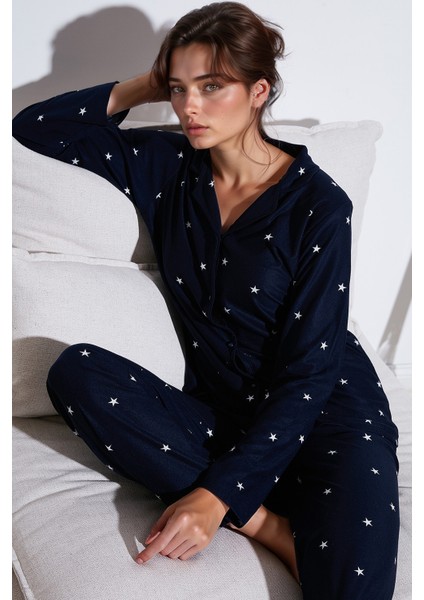 Streç Regular Fit Apaş Yaka Beli Lastikli Pijama Takımı Bayan PİJAMA TAKIMI 65720501