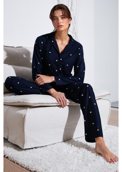 Streç Regular Fit Apaş Yaka Beli Lastikli Pijama Takımı Bayan PİJAMA TAKIMI 65720501