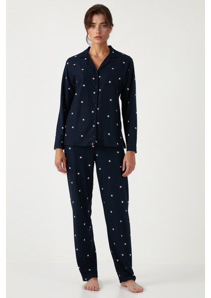 Streç Regular Fit Apaş Yaka Beli Lastikli Pijama Takımı Bayan PİJAMA TAKIMI 65720501