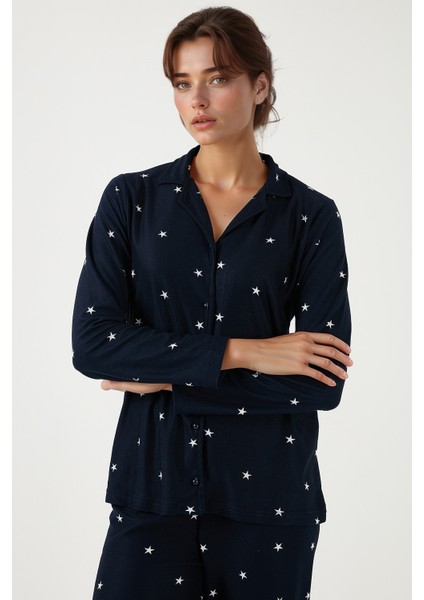 Streç Regular Fit Apaş Yaka Beli Lastikli Pijama Takımı Bayan PİJAMA TAKIMI 65720501