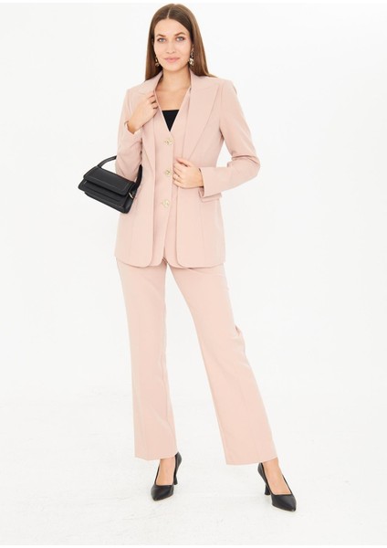 Yelek Görünümlü 3 Gold Düğme Takım Bej