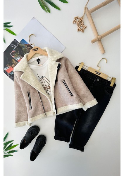 Süet Kürklü Erkek Çocuk 3 lü takım - Vizon