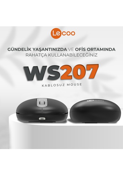 WS207 Kablosuz 1600DPI 4 Tuşlu Sessiz Şarj Edilebilir Optik Mouse Siyah