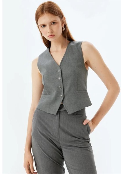 Blazer Yelek Düğmeli V Yaka Slim Fit