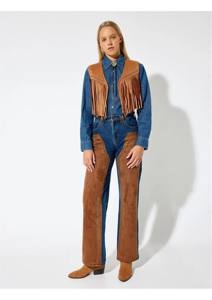 Süet Görünümlü Yelek Kolsuz V Yaka Püsküllü Metal Boncuk Detaylı