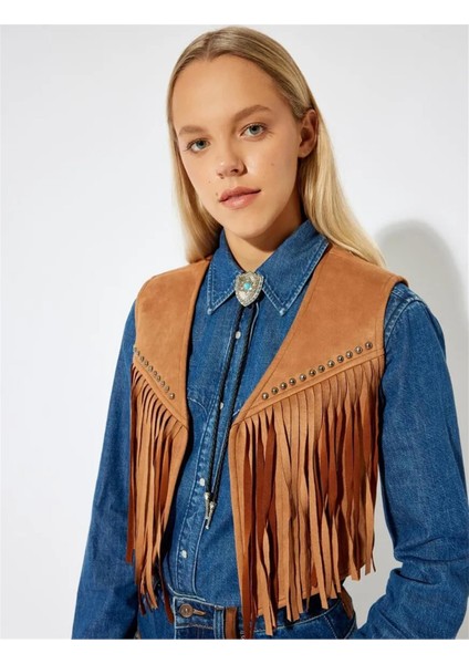 Süet Görünümlü Yelek Kolsuz V Yaka Püsküllü Metal Boncuk Detaylı fiyatları