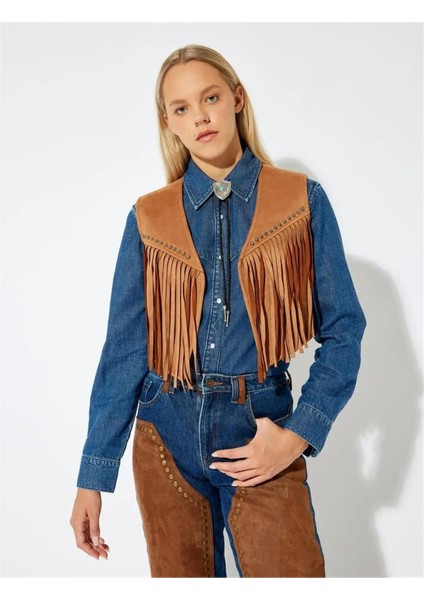 Süet Görünümlü Yelek Kolsuz V Yaka Püsküllü Metal Boncuk Detaylı modelleri