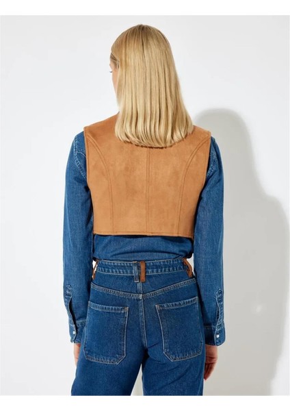 Süet Görünümlü Yelek Kolsuz V Yaka Püsküllü Metal Boncuk Detaylı fırsatları