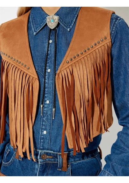 Süet Görünümlü Yelek Kolsuz V Yaka Püsküllü Metal Boncuk Detaylı indirimleri