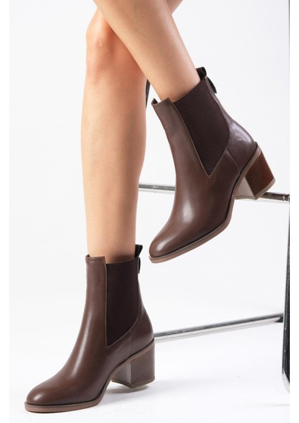 Alida Kahverengi Lastikli, Ince Suni Kürk Astarlı Kalın Topuklu Kadın Bot