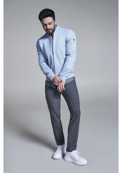 Erkek Mavi Bomber Yaka Fermuarlı Süet Görünümlü İnce Mont A32Y6040