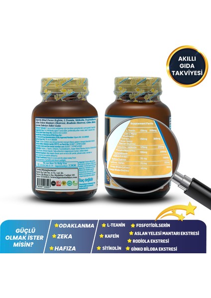 Mind Focus Aslan Yelesi Mantarı, Sitikolin, Rhodiola, L-Theanin .. (1440MG) | Akıllı Gıda Takviyesi