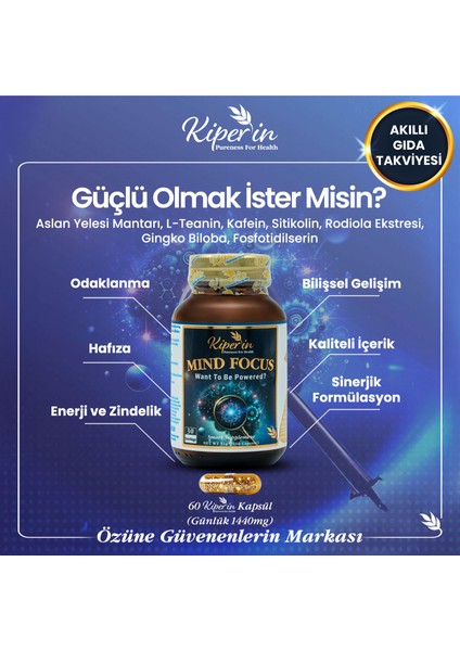 Mind Focus Aslan Yelesi Mantarı, Sitikolin, Rhodiola, L-Theanin .. (1440MG) | Akıllı Gıda Takviyesi