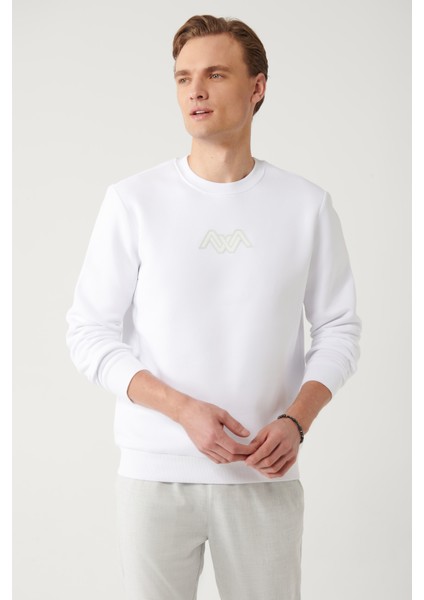 Erkek Beyaz Bisiklet Yaka 3 Iplik Şardonlu Baskılı Sweatshirt A32y1273
