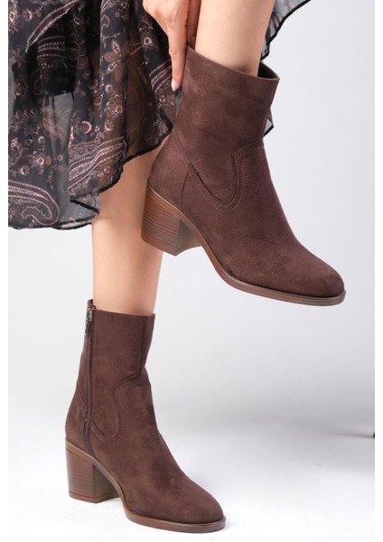 Amory Kahverengi Fermuarlı, Ince Suni Kürk Astarlı Kalın Topuklu Kadın Bot