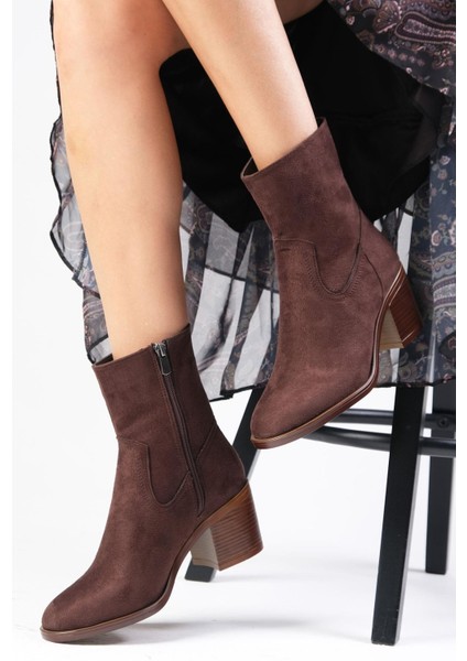 Amory Kahverengi Fermuarlı, Ince Suni Kürk Astarlı Kalın Topuklu Kadın Bot modelleri