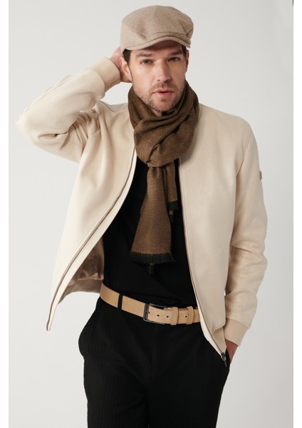 Erkek Bej Bomber Yaka Fermuarlı Süet Görünümlü İnce Mont A32Y6040