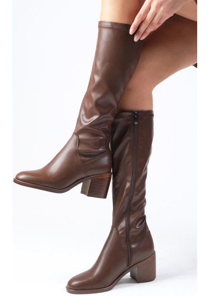Armande Kahverengi Streç, Kalın Topuklu Kadın Çizme