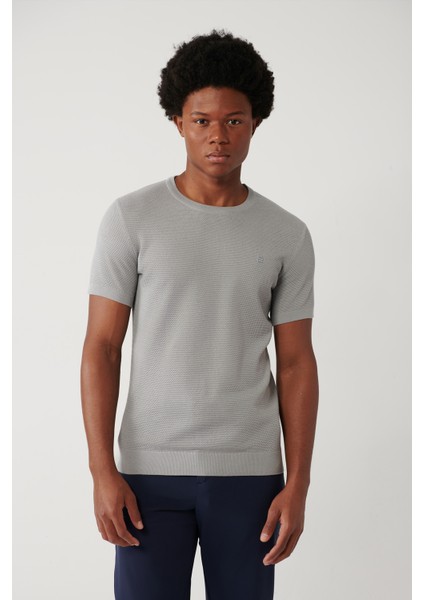Erkek Gri Soft Touch Modal Bisiklet Yaka Dokulu Ribanalı Triko T-shirt B005010