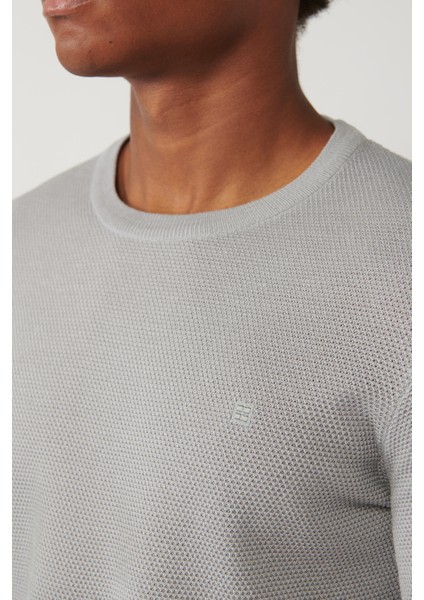 Erkek Gri Soft Touch Modal Bisiklet Yaka Dokulu Ribanalı Triko T-shirt B005010