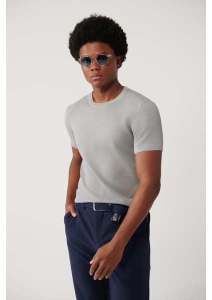 Erkek Gri Soft Touch Modal Bisiklet Yaka Dokulu Ribanalı Triko T-shirt B005010