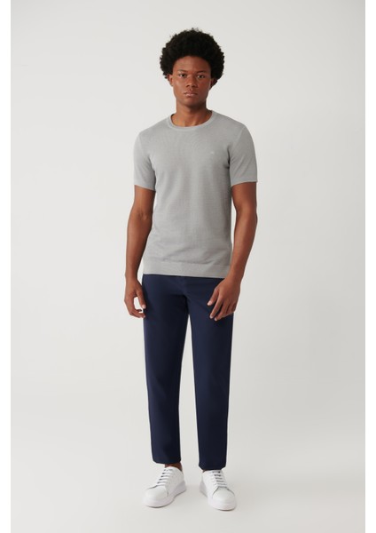 Erkek Gri Soft Touch Modal Bisiklet Yaka Dokulu Ribanalı Triko T-shirt B005010