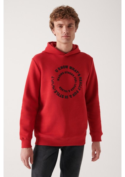 Erkek Kırmızı Kapüşonlu 3 Iplik Şardonlu Baskılı Sweatshirt A22y1110